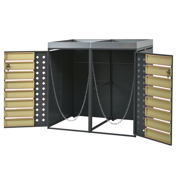 Cache-Poubelle Double 132×80×124.5cm - Bac à Fleurs Intégré - Tri Sélectif & Verrouillable - Acier Galvanisé Bois