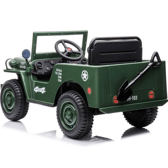 VROOOMY Willys Auto elettrica militare 12V - Verde militare - Età 1-6 anni - Pneumatici in EVA - Bluetooth - Pala inclusa