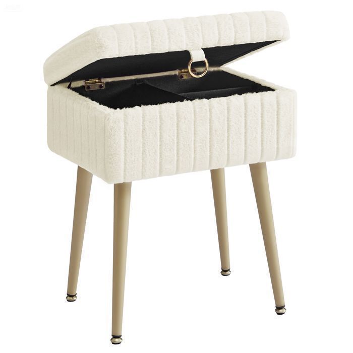 Taburete para tocador con almacenamiento, patas de metal, color blanco crema - SONGMICS