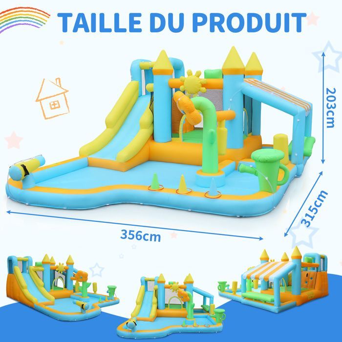 Castello gonfiabile - LALAHO - Area giochi gonfiabile con soffiatore da 450 W per bambini, multifunzionale, tema floreale, 356*315*203 cm