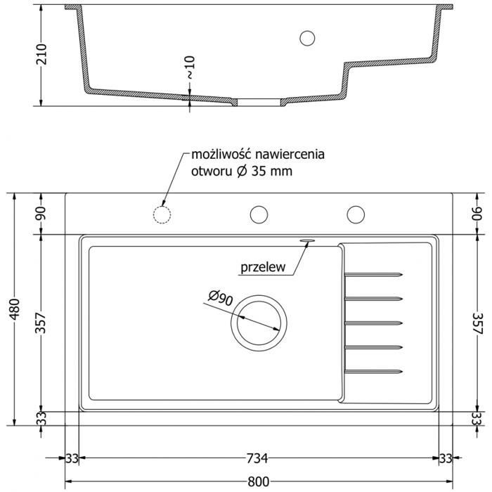 Mexen Omar granieten spoelbak, 1 kom, 800 x 480 mm, gespikkeld zwart, chromen sifon - 6520801005-76