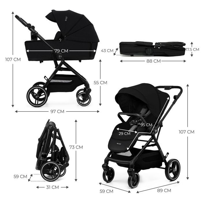 Cochecito multifuncional 2 en 1 Kinderkraft YOXI, ligero y manejable, impermeable con filtro UPF50+, hasta 4 años, negro.
