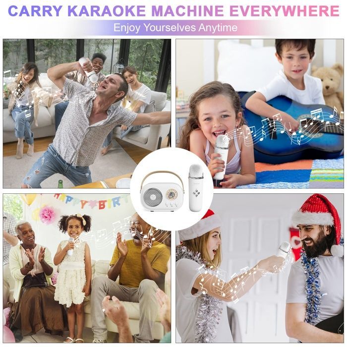 Leuke mini-karaoke, draagbaar, Bluetooth met microfoon, voor kinder- en volwassenenfeestjes (wit)