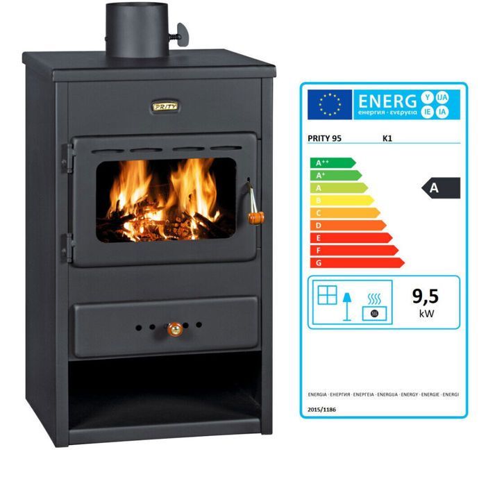Estufa de leña Prity K1 – 9,5 kW, negro grafito, clase A, diseño compacto