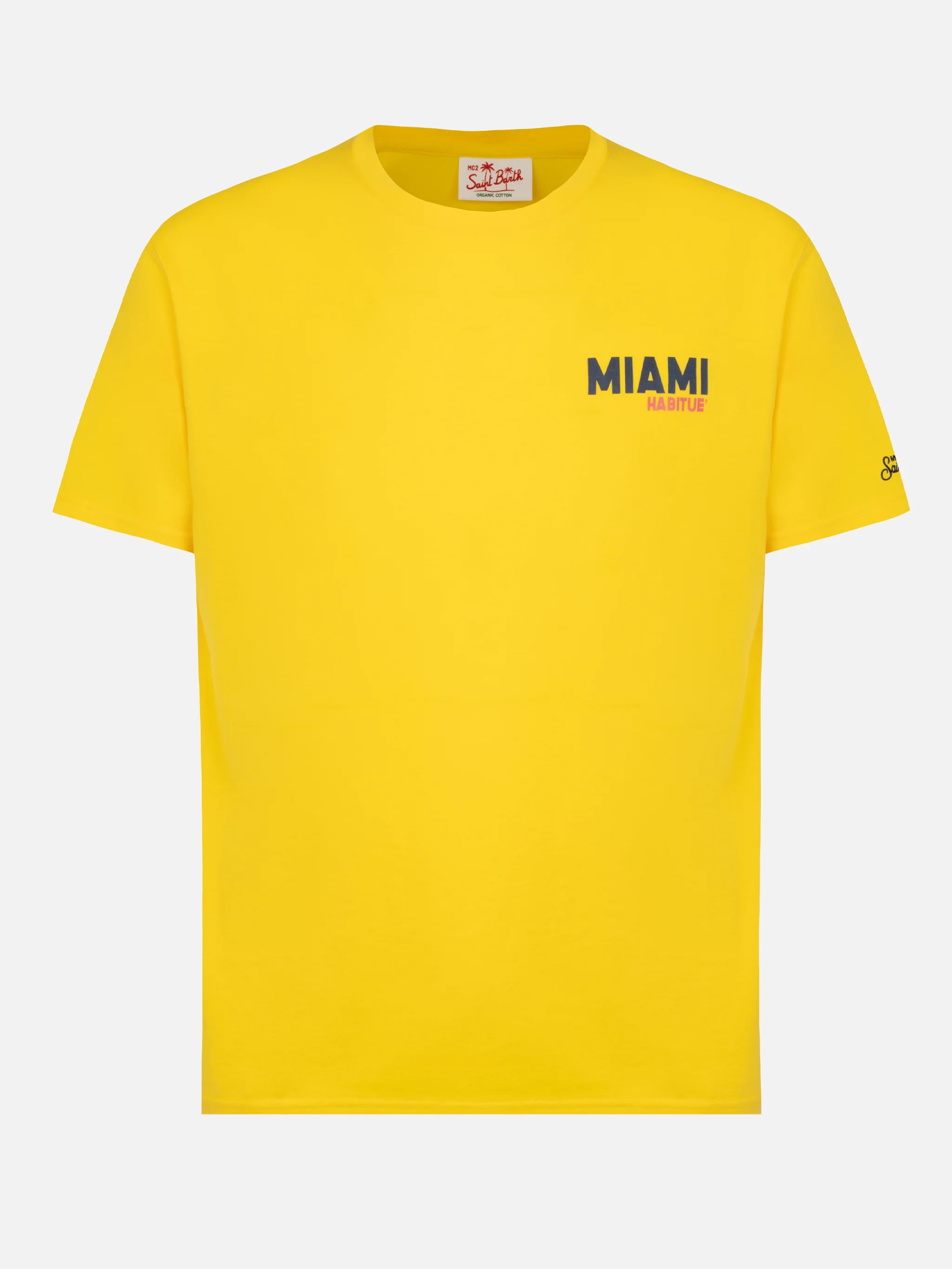 T-shirt voor heren van biologisch katoen met print van een ansichtkaart van Miami.