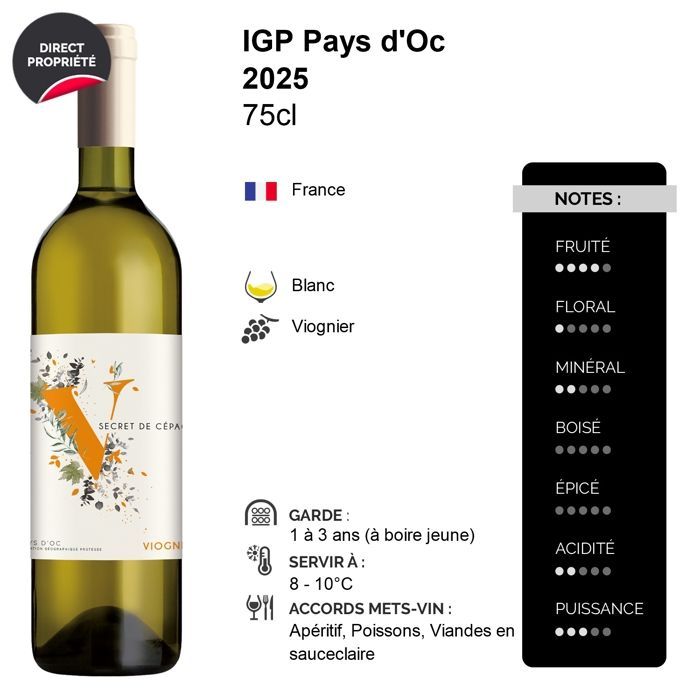 Les Vignerons du Sommiérois Pays d'Oc Secret de Cépage Viognier 2025 - Vino bianco della Linguadoca-Rossiglione (6x75cl)