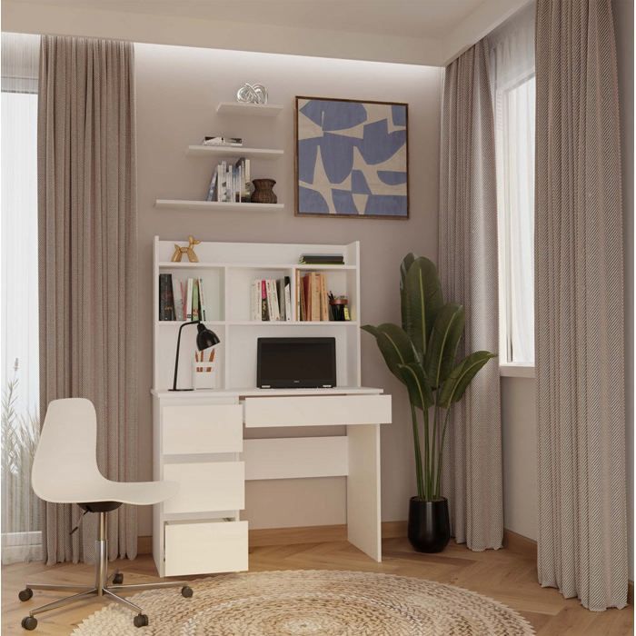 Bureau 4 tiroirs avec surélévation 4 étagères blanc 146x51x98 cm