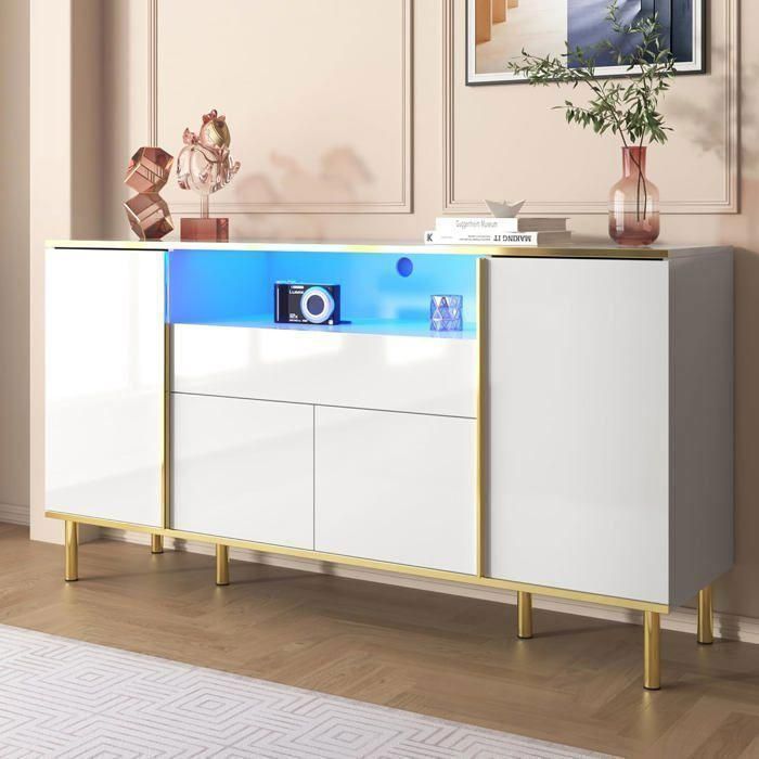 Aparador Lemonbest de 150 cm, blanco brillante, con luz LED, compartimento abierto, 4 puertas y 1 cajón. Cajonera de 150 x 40 x 80 cm.