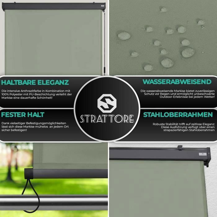 Cortina vertical extensível 180x250 cm - Strattore - Cortina de rolo para exterior - Proteção para varanda, terraço, pátio e jardim - Verde Matcha