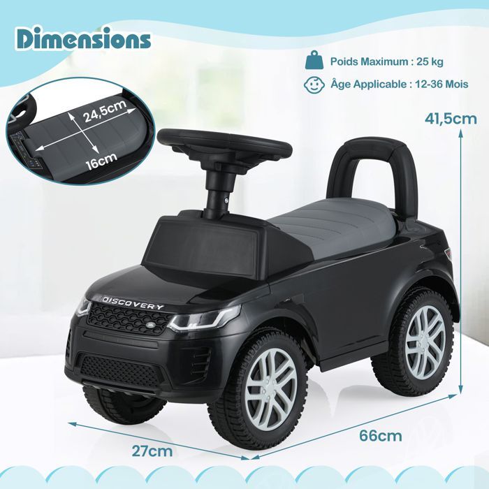 COSTWAY Land Rover Ride-On Toy for Children with Steering Wheel, Horn, Engine Sound, Under-Seat Storage, for 12-36 Months, 25 kg, Black