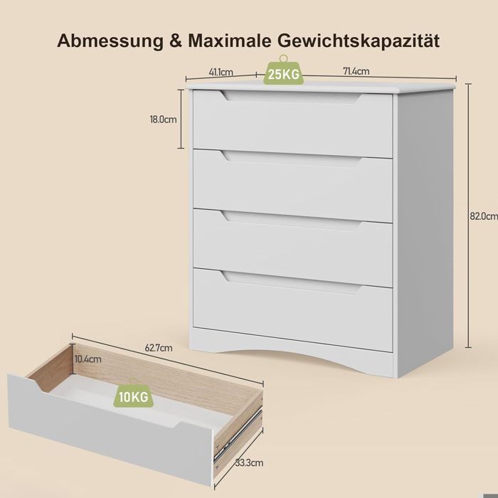 BEALIFE Kommode mit 4 Schubladen – Weiß – Moderner skandinavischer Stil – 71 x 40 x 82 cm