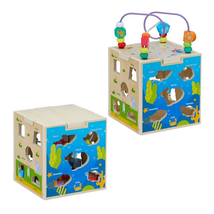 Relaxdays Cube d'activité en bois, design B, pour enfants dès 3 ans, avec circuit de motricité, multicolore