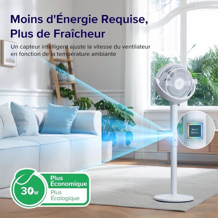 Ventilatore a piantana, 20 dB, silenzioso, potente, 2465 m³/h, flusso d'aria 7,5 m/s, con telecomando, oscillazione 90°+120°, 4 modalità, 12 velocità