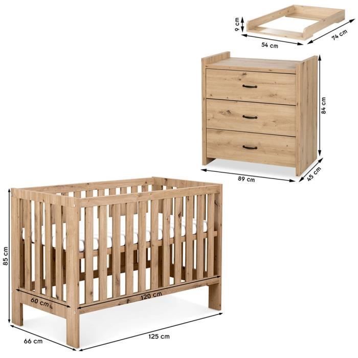 AMELIA II Baby Set: Changing Table and Convertible Cot 120x60cm Oak (No Drawer)