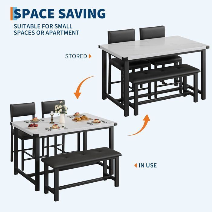 Complete dining room set - Kitchen table and 2 chairs with 1 bench - industrial style - for kitchen, dining room, white marble