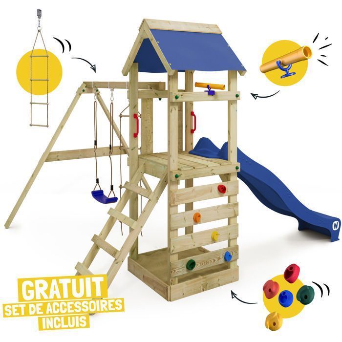 Torre de juegos de madera WICKEY FreeFlyer con tobogán de 220 cm en color antracita, rocódromo y arenero – 10 años de garantía*.