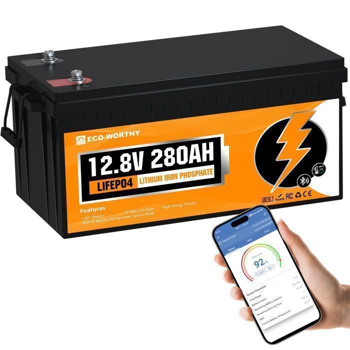 Batería de litio ECO-WORTHY de 12 V y 280 Ah con Bluetooth, más de 6000 ciclos, protección BMS, reemplaza la batería LiFePO4 de 200 Ah, para autocaravanas.