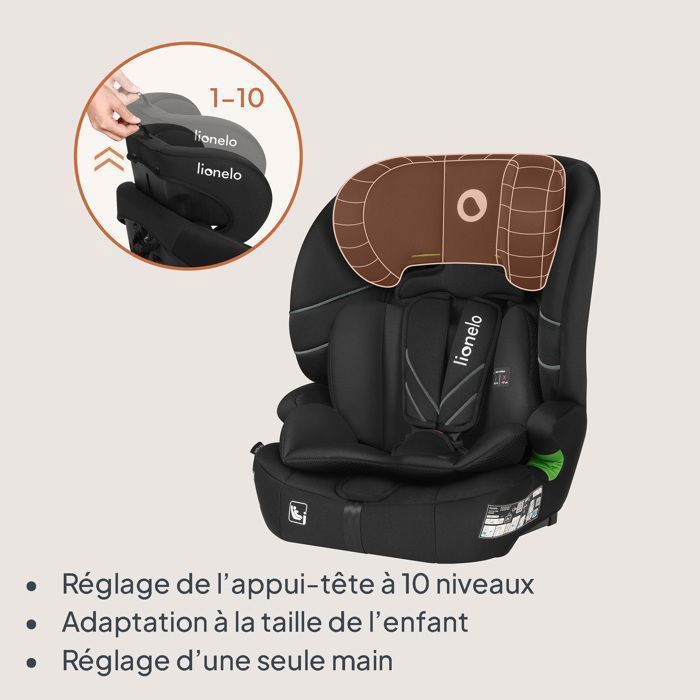Seggiolino auto convertibile LIONELO Levi Fix i-Size - ISOFIX - 76-150 cm - Seduta larga - Gruppo 1/2/3 - Nero