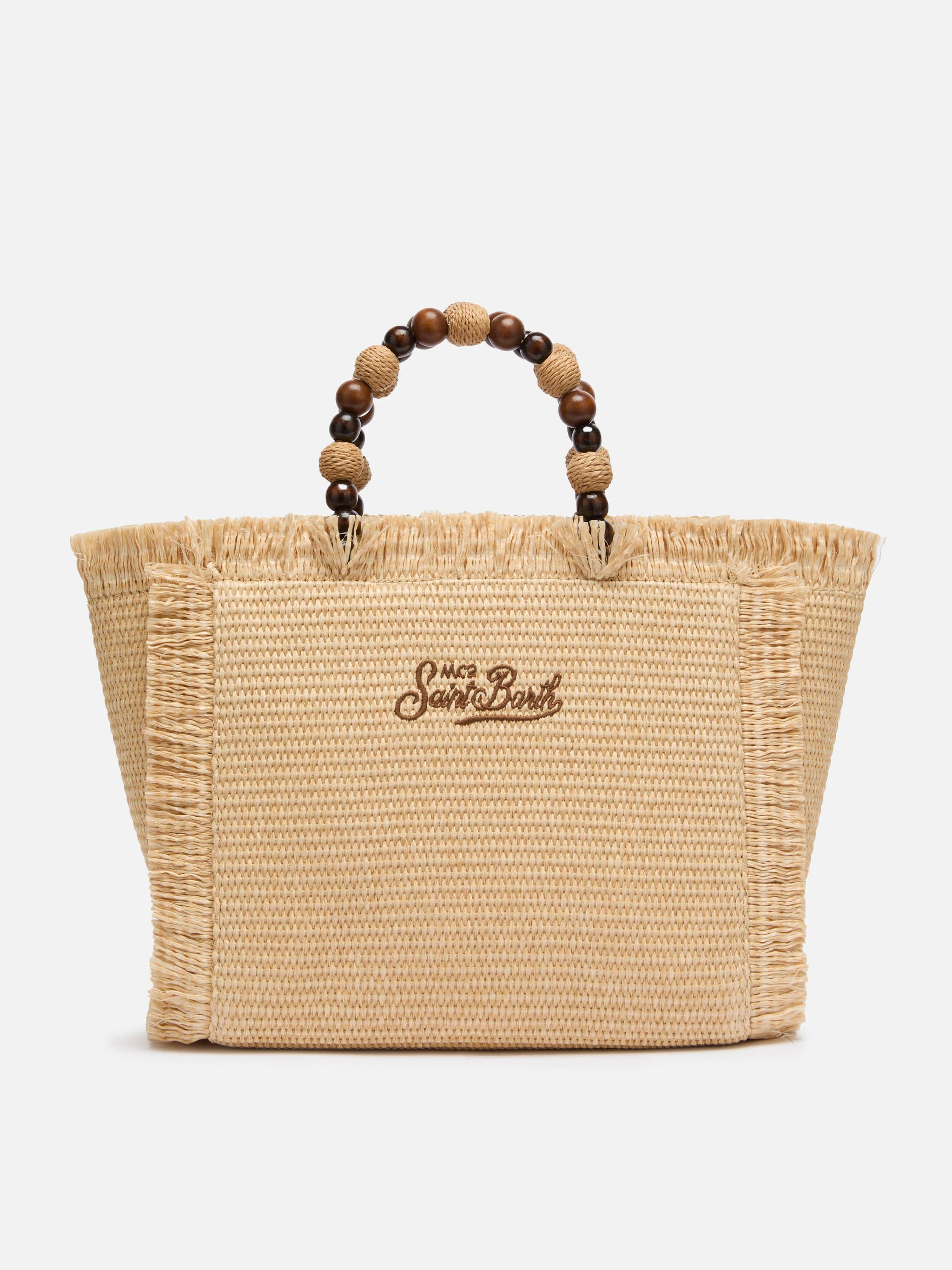 Colette-Tasche in Strohoptik mit Holzperlen und gesticktem Logo