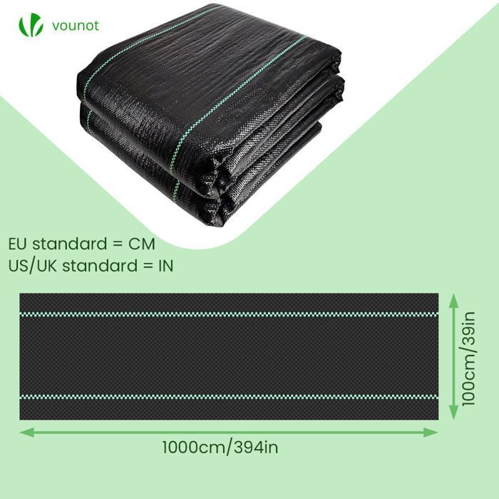 Tecido geotêxtil VOUNOT® para controle de ervas daninhas, 10m x 1m, 100g/m² - Resistente aos raios UV e ideal para o controle de ervas daninhas.