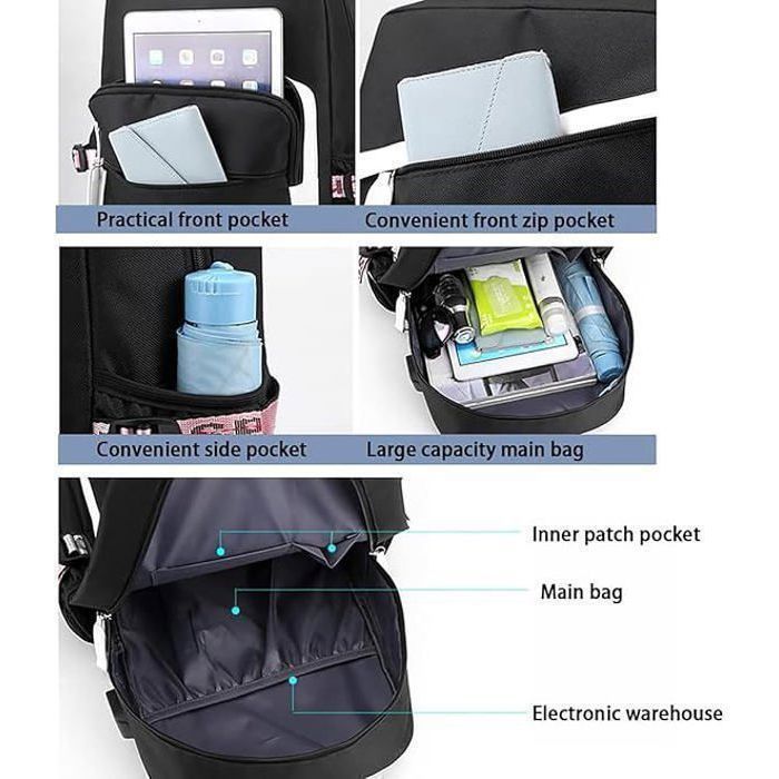 Kinderrugzak, schoolrugzak, meisjesrugzak, met USB-poort en leuk ontwerp, blauw+zwart, 30