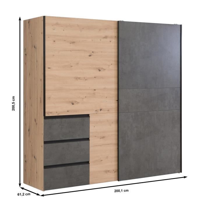 Armario con 2 puertas correderas y 3 cajones - Acabado en roble artesanal y hormigón gris - Ancho 200,1 x Profundidad 61,2 x Alto 200,5 cm - WINN2