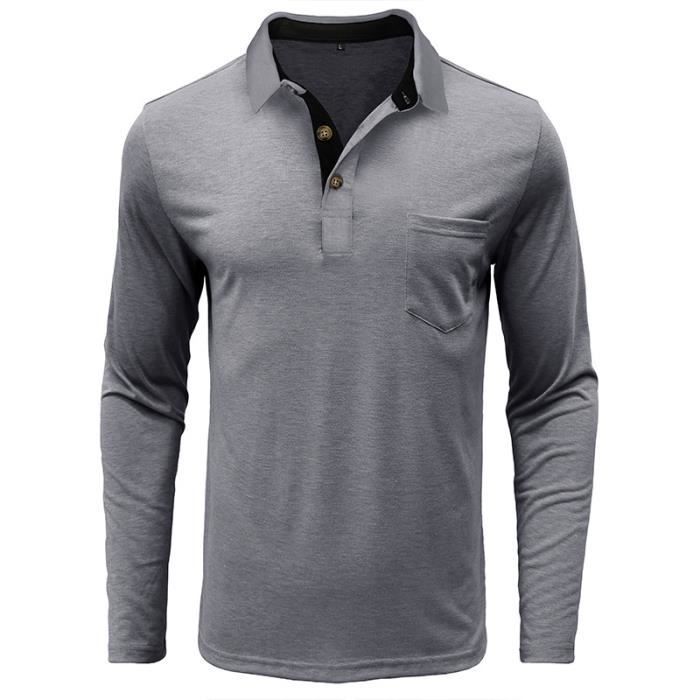 Polo de manga larga para hombre con bolsillo, tallas grandes, color liso, primavera y otoño - Talla europea - Gris claro