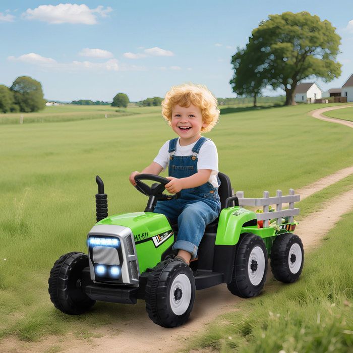 Electric Tractor - HOMCOM - with detachable trailer - with remote control, MP3 music player, display, and lights - for children aged 3-6 years - green