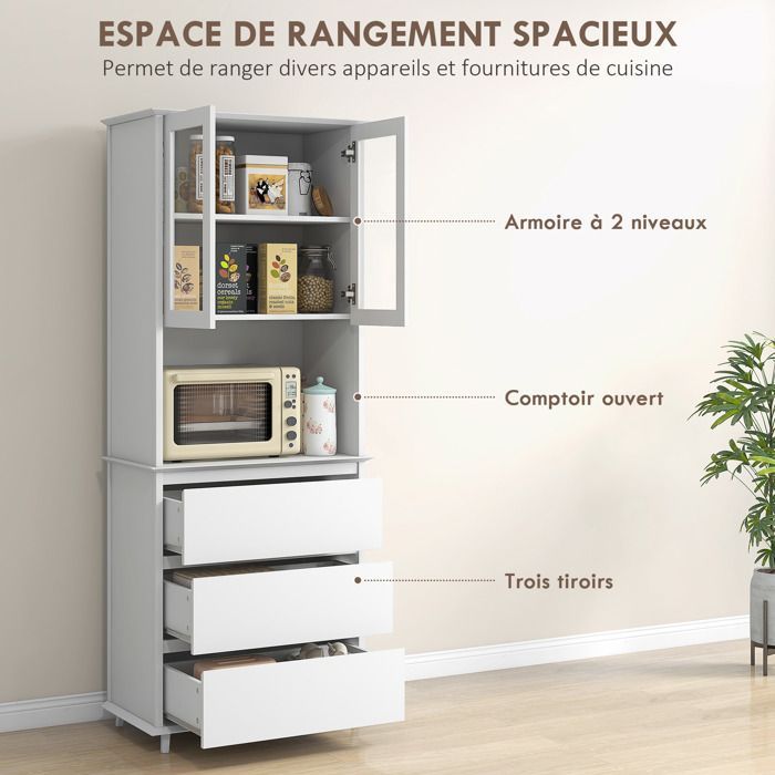 Buffet de cuisine HOMCOM meuble de rangement placard 2 portes 3 tiroirs et niche centrale dim. 68L x 38l x 172H cm MDF blanc