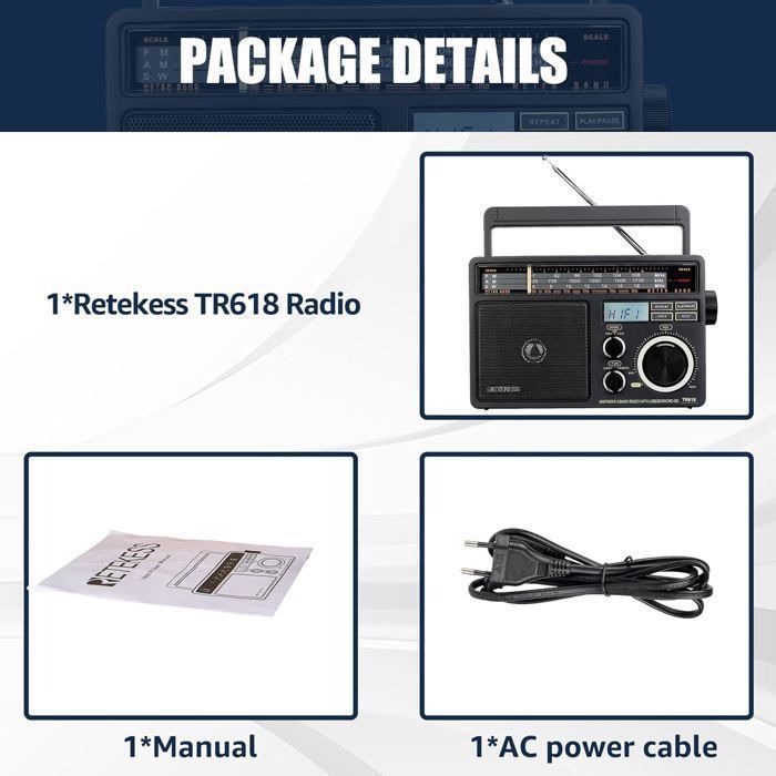 Retekess TR618 draagbare radio, werkt op batterijen en netstroom, FM AM SW transistor, MP3-speler met USB-, SD- en TF-kaartsleuven, hoofdtelefoonaansluiting (grijs)