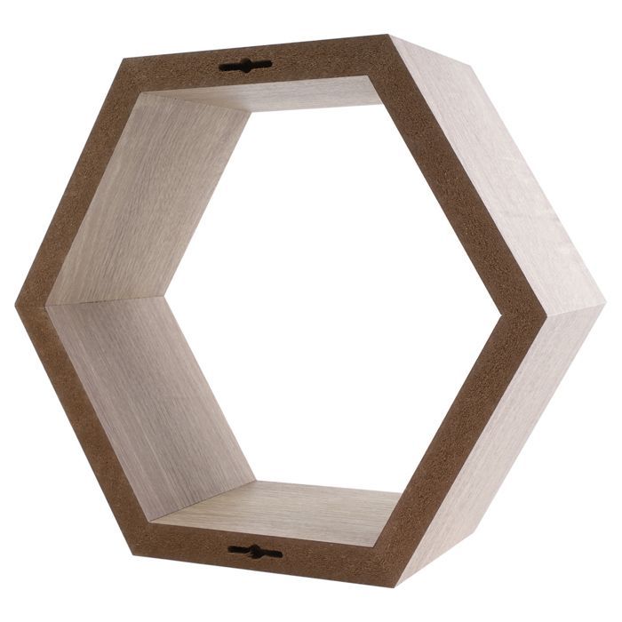 Estantería de pared hexagonal Domax de roble: estante de pared hexagonal decorativo con aspecto de roble certificado FSC®.