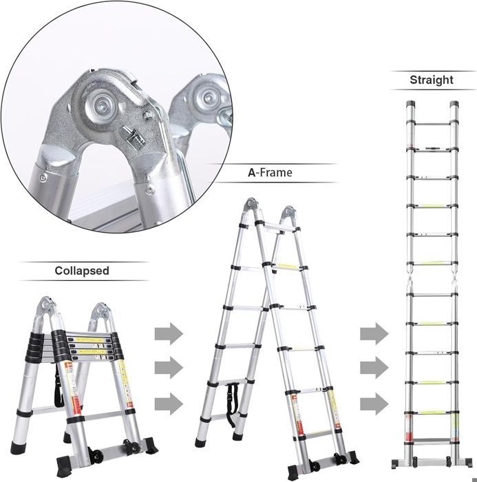 Escalera plegable telescópica multifuncional de aluminio de 3,8 m (1,9 m + 1,9 m), carga máxima de 150 kg.