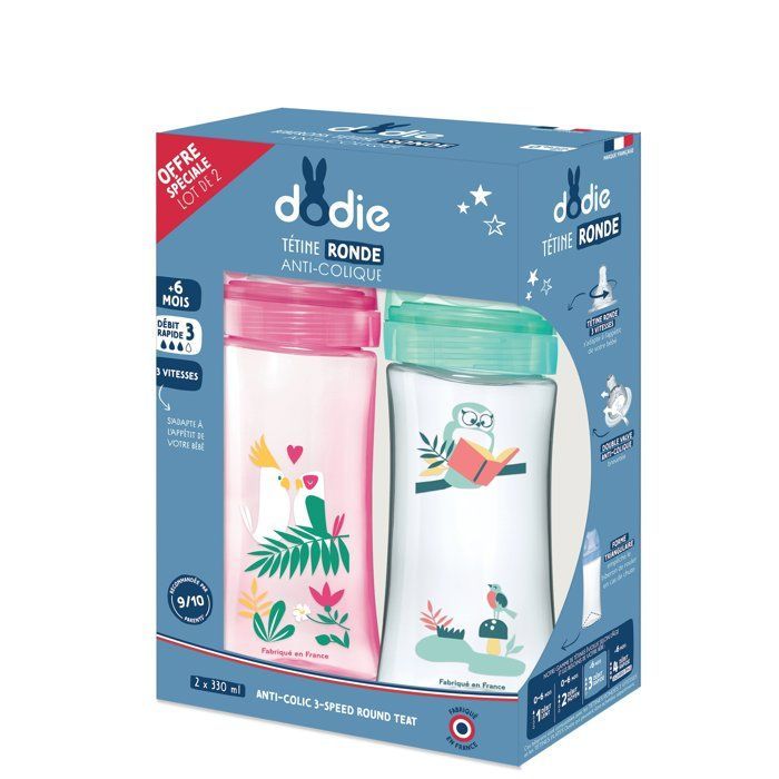Dodie Initiation+ Anti-Kolik Babyflasche, 3 Geschwindigkeiten, ab 6 Monaten, Pink Dancer, 2er-Pack (2 x 330 ml)