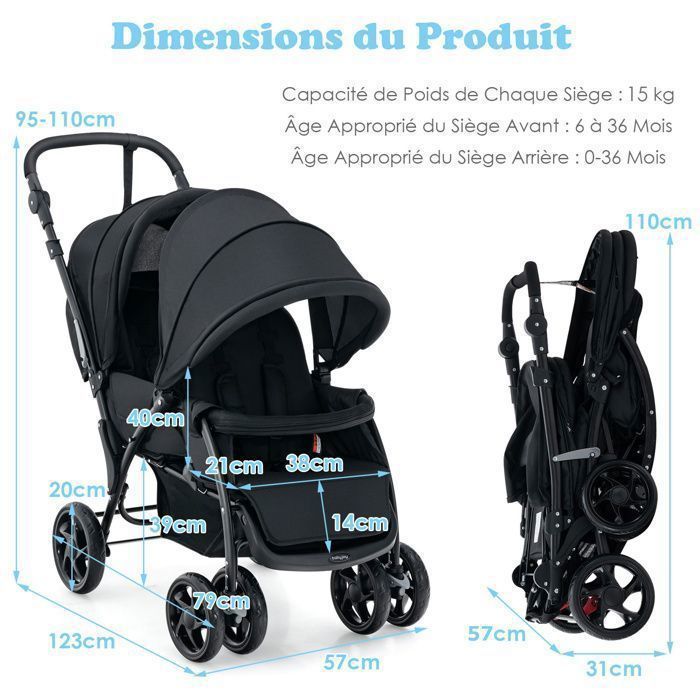 Cochecito doble plegable COSTWAY con capota ajustable, manillar, 4 ruedas con amortiguación, arnés de 5 puntos y capacidad de carga de 30 kg - Negro