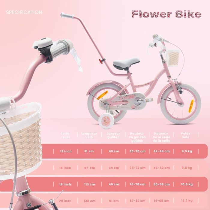 Kinderfiets - Bloemenfiets - 35,5 cm wielen - Leeftijd 3 tot 5 jaar - Mandje - Bel - Spatborden - Roze