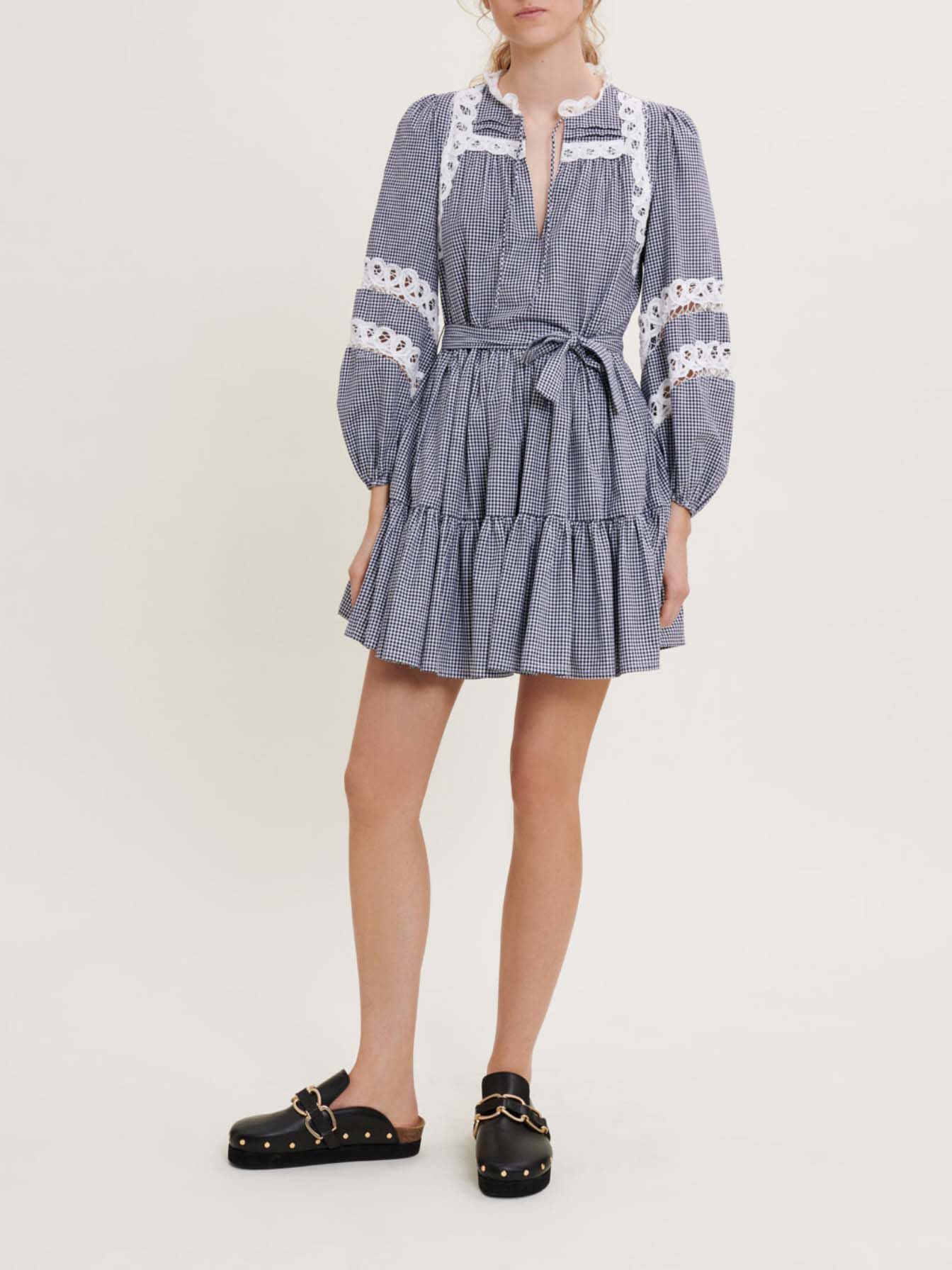 Rochie în carouri Vichy și dantelă - Bleumarin / Ecru