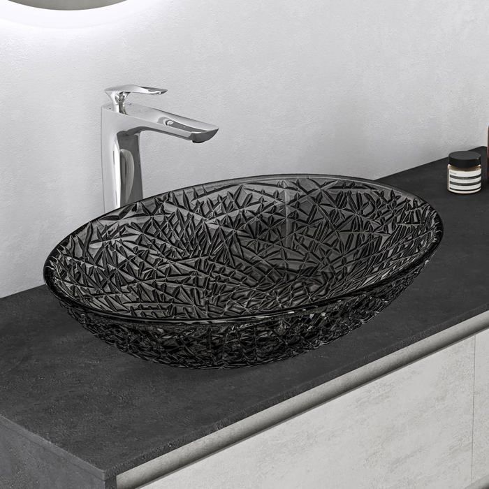 Mai & Mai Lavabo à Poser en Verre Lave-Mains Vasque Ovale à Poser Lavabo Gris pour Salle de Bain WC d'Invités 50,5x36x15,5 cm Min05
