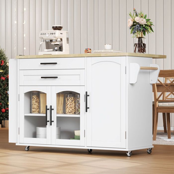 Isla de cocina móvil con encimera plegable, carrito de cocina, 5 ruedas, especiero, 2 cajones, 120x45(70)x90cm, blanca