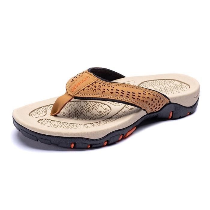 Tongs Homme Été Antidérapante Confortable - Marron Kaki - Cuir - Adulte