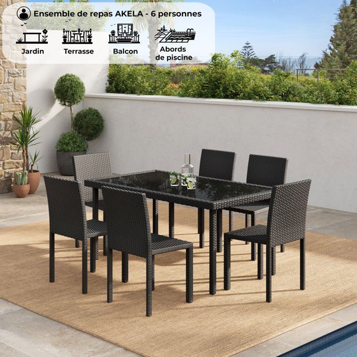 Conjunto de comedor de jardín AKELA - Mesa con tablero de cristal templado + sillas de resina de mimbre - Mesa de 160x80 cm - Negro - Capacidad para 6 personas