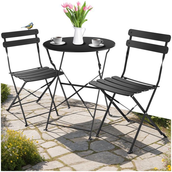 Ensemble table et chaise de jardin - TECTAKE - Lot de 2 chaises bistrot FRIEDA pliable pour 2 personnes - Noir