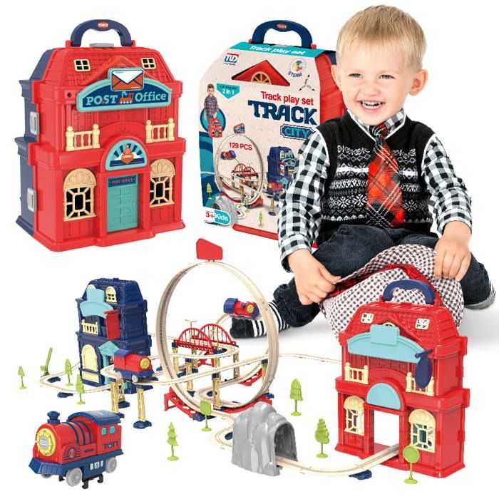 Tren eléctrico Sun Baby para niños de 3 años en adelante: circuito, viaducto, barrera, estación y tiendas.