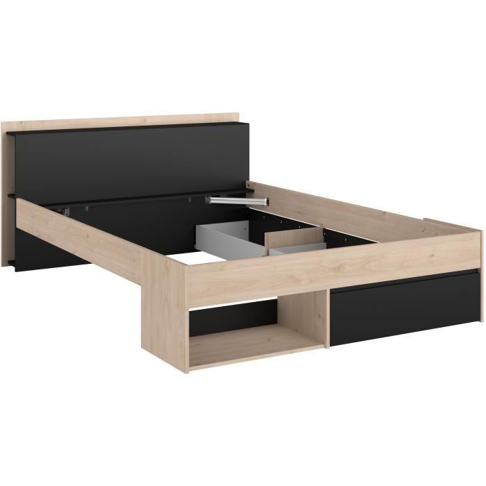 Cama adulta COMBO 140x190/200 cm - Roble y negro - 3 cajones - PARISOT