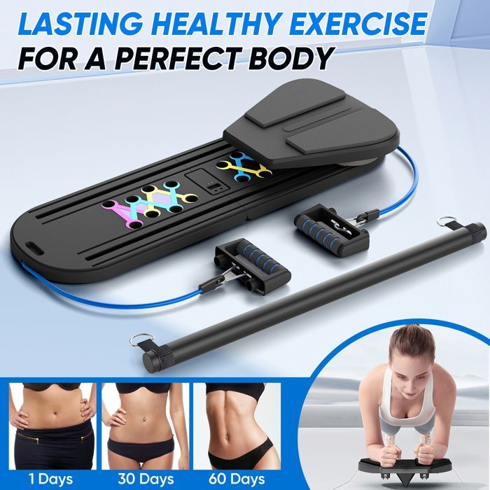 Tabla de Pilates 6 en 1 con contador - Set de Pilates Reformer - Rebote automático - Plegable - Ejercicios abdominales - Negro