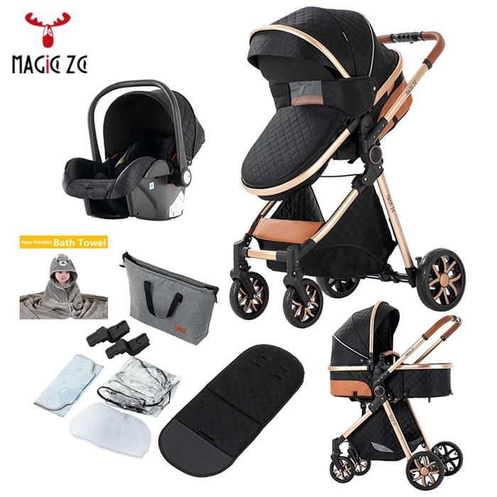 Magic ZC Stroller, Baby Stroller, Compact Folding Stroller, One-Click Fold + Bath Towel + Handbag, Black and Gold