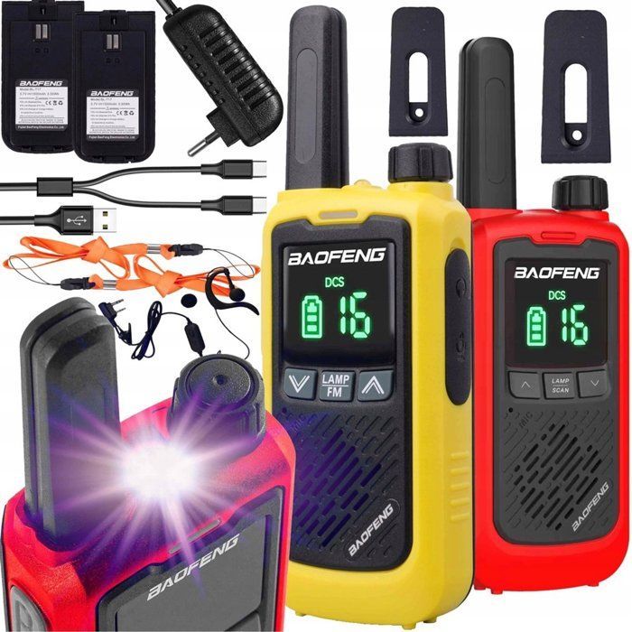BF-T17 – Walkie-talkies – Paquete de 2 – 16 canales – Recargables por USB – Rojo y amarillo
