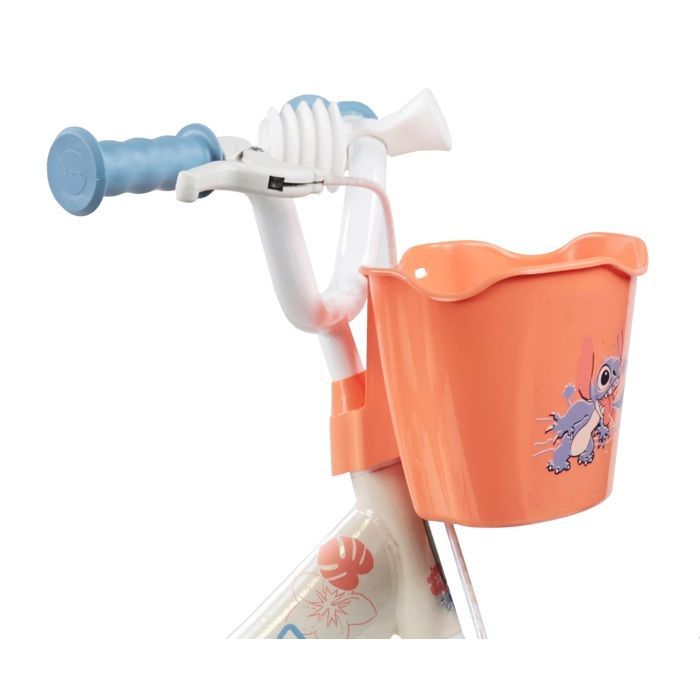 Vélo enfant 12'' STITCH / DISNEY (Taille enfant < 95 cm) avec 1 frein, panier avant, porte poupée, stabilisateurs & Casque inclus !