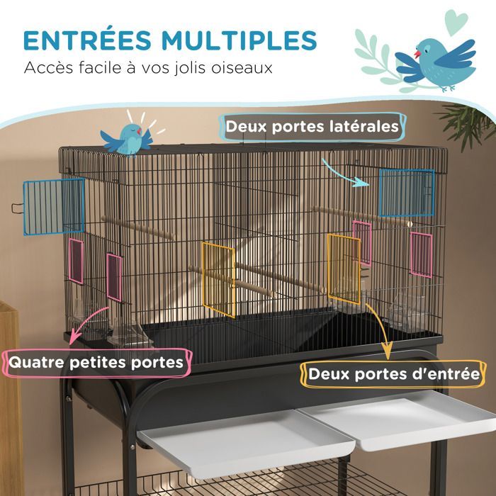 Grand cage oiseaux cage perroquet avec support roulettes pour cacatoès perruche canaris perroquet 85 x 49 x 119 cm noir