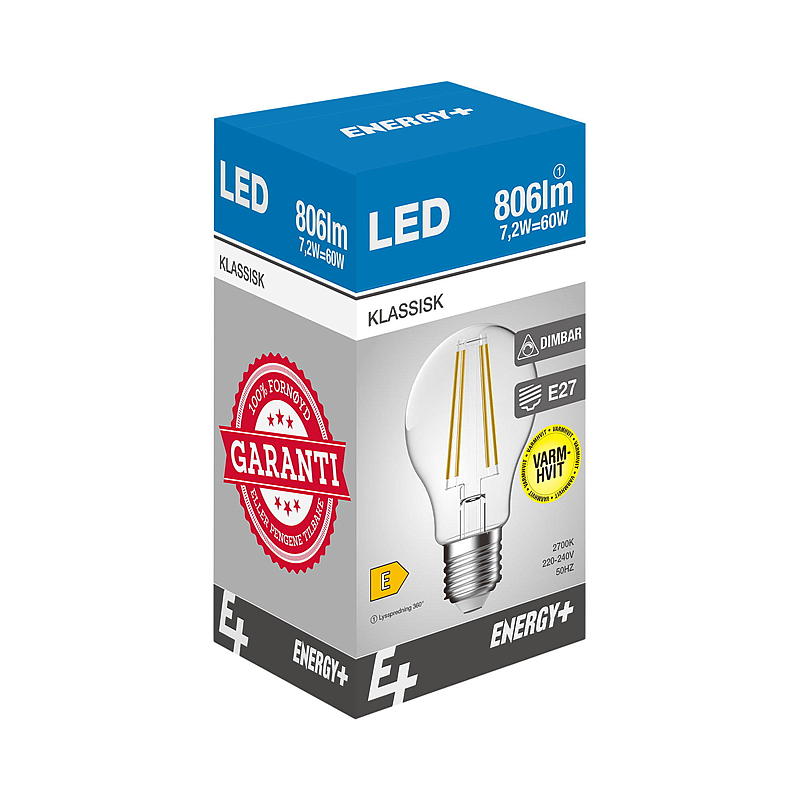 Bombilla LED de bajo consumo, 806 lm, regulable, clásica, transparente, E27, A60 E