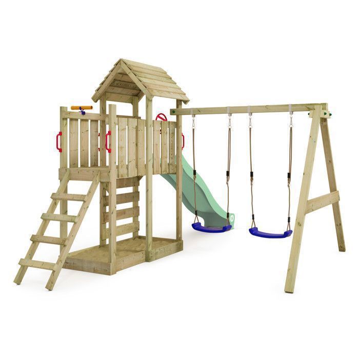 Zona de juegos de madera WICKEY MultiFlyer con techo de madera, columpio doble y tobogán de 220 cm, verde pastel – 10 años de garantía*